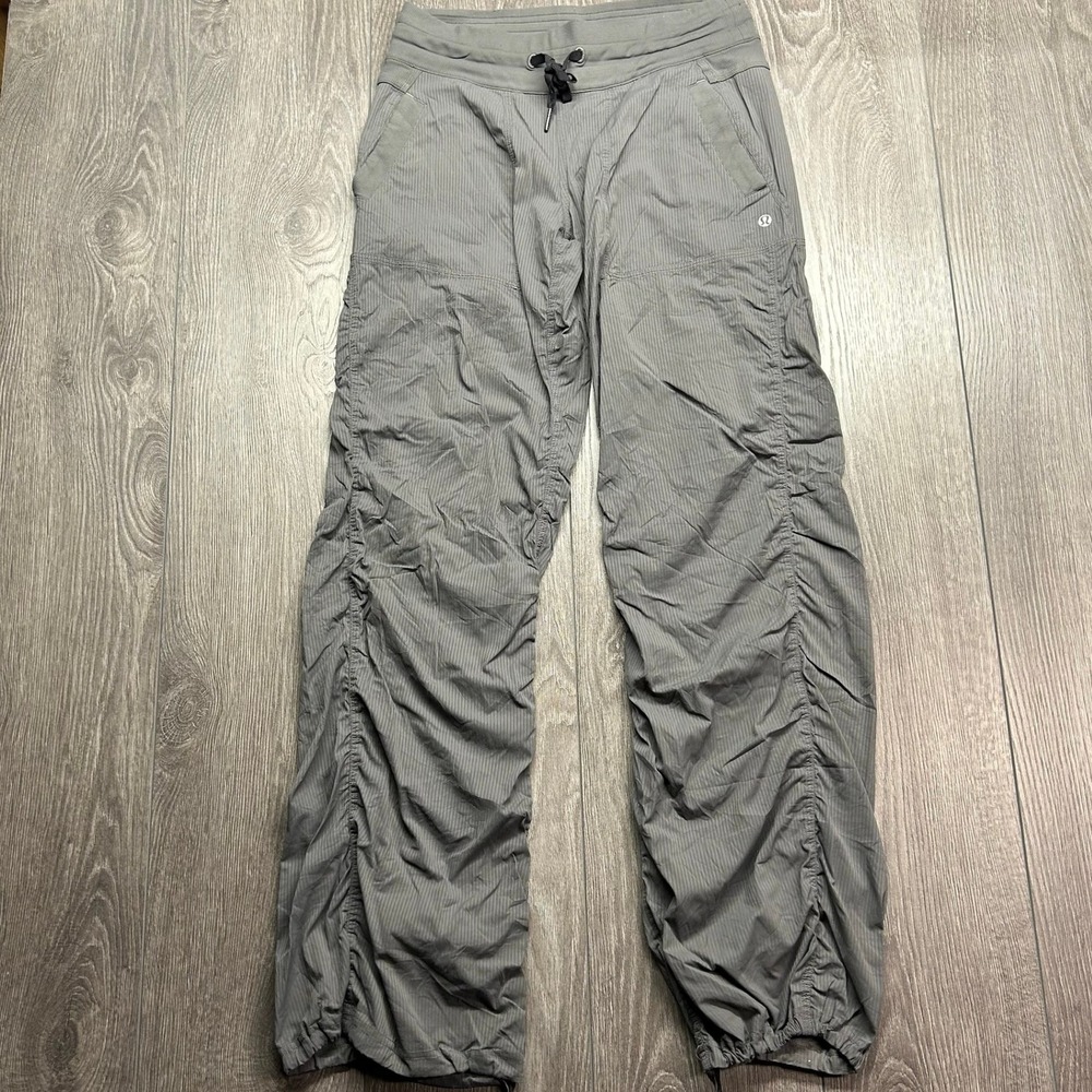 Lululemon Studio Pants Gray 30" Pinstripe Ruched Wide Leg Drawstring Trousers